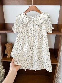 SHEIN 年轻女孩法式优雅橙色碎花领雪纺夏装 - 彩色 - 查看 4