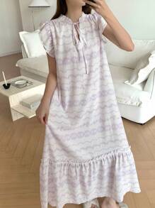 DAZY 花卉印花荷叶边系带女士睡袍睡衣，Moo Moo - 白色 - 查看 4