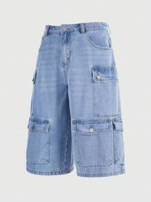 ROMWE MEN Street Life Men's Loose Fit Multi-Pocket Denim Shorts - Blue - View 1