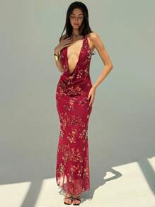 Aloruh Stylish Deep V-Neck Sequin Dress For Music Festival Party - Burgundy - View 6