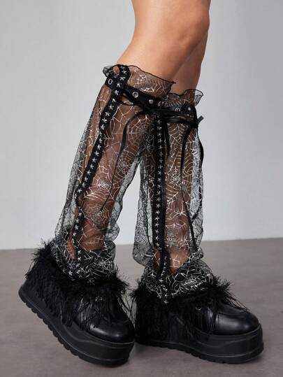 Grunge Punk 1 Paar schicke Spinnennetz-Muster schwarze Spitze Beinwärmer, Y2K-Stil Stern Nieten PU-Leder Riemen Beinwärmer, geeignet für Alltag, Party und Bühnenauftritte, Halloween