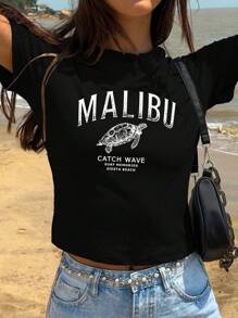 Jouncy Y2K Turtle Slogan Printed Women's Baby T-Shirt MALIBU CATCH WAVE SURF MEMORIES SIESTA BEACH Graphic Tees Women Tops - Black - View 3