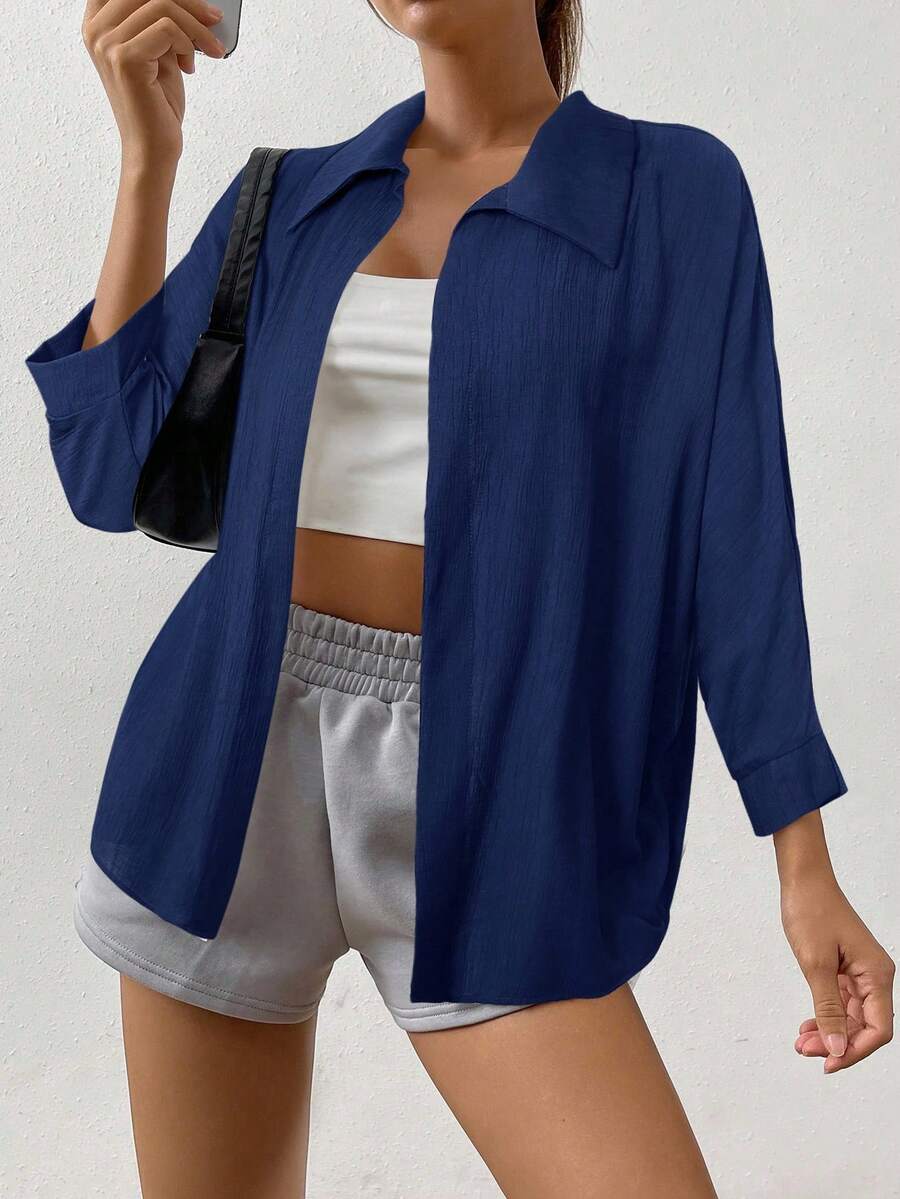 SHEIN EZwear Kemeja Lengan Kelelawar Putih Polos Musim Semi - Navy Blue - View 1