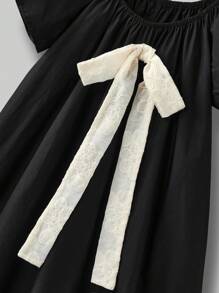 Ontre Tween Girls' Loose Fit Round Neck Bow Decor Casual Dress - Black - View 5