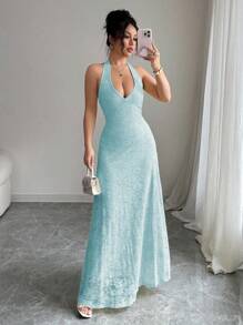 Chiquease 优雅修身高领无袖深 V 领全衬蕾丝材质淡黄色长款连衣裙，适合女士，春夏 - 淺藍色 - 查看 5