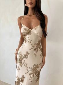 Aloruh 女式性感优雅露背串珠刺绣修身腰长裙 - 杏色 - 查看 8