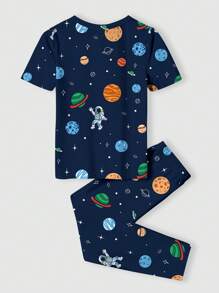 SHEIN Kleine Jungen Lässig Minimalist Cartoon Sternenhimmel Muster Kurzarm T-Shirt und Hose Heim Outfit enganliegend, geeignet für Frühling/Sommer