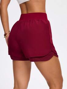 SHEIN Dewbera 夏季休闲纯色松紧腰运动短裤 - 酒紅色 - 查看 2