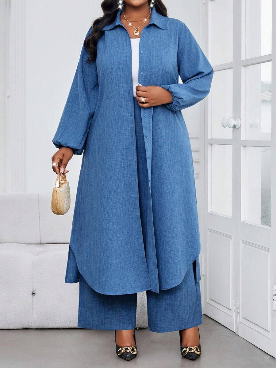 SHEIN Lady 春夏秋冬休闲优雅工作蓝色梭织衬衫领主教袖口袋长袖加大码西装