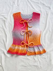 Soleia Women's Pink And Orange Ombre Tie Front Sleeveless Cardigan,Summer Boho Vacation Cute Knit Top,Fairycore Sweaters Casual Airport Back To School - Multicolor - View 3