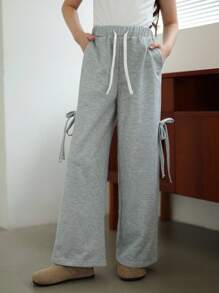 Tween Girl Grey Bowknot Hip-Hop Street Style Wide Leg Casual Sports Sweatpants, Suitable For Autumn Winter Cool Fall - Grey - View 3