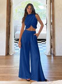 SHEIN Tall Chic Simplicity: Round Neck Draped Crop Top And Matching Bottoms Set - Blue - View 6