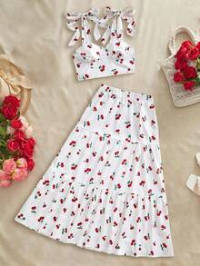 SHEIN VCAY Tops de tirantes y camisetas de mujer, conjuntos de verano, blusas de verano lindas, ropa de verano para mujer, estilo europeo de verano, atuendos de vacaciones, conjuntos de verano, blusas de verano lindas, atuendos de vacaciones - Rojo y blanco - Ver 4