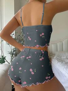 SHEIN In Anh đào Áo ba lỗ Và Quần short Của phụ nữ Bộ mặc nhà - Màu xám đen - Xem 2