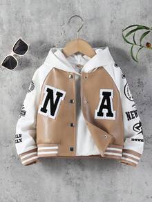 年轻女孩休闲街头时尚字母贴片插肩袖单排扣前开棒球夹克，秋季 - 彩色 - 查看 1