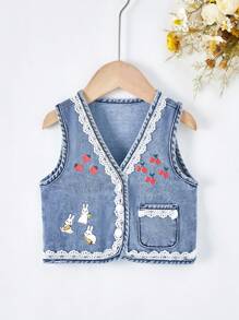 SHEIN Baby Mädchen Sommer Kaninchen & Frucht Muster Kontrast Spitze ärmellose Jeansweste - Mittele Waschung - Übersicht 10