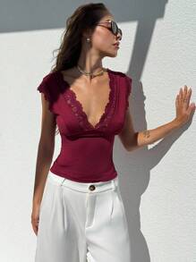 Aloruh 全新性感蕾丝拼布镂空腰身修身无袖上衣