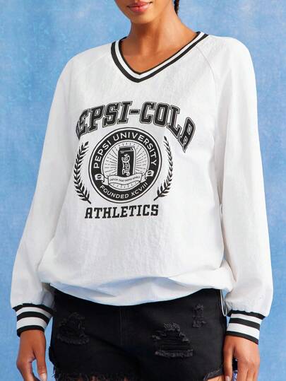 PEPSI X SHEIN 女式白色宽松运动衫，针织衫，长袖，学院风图案，文字印花，基本休闲，可乐图案，返校，学校上衣，秋冬