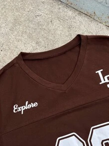 SHEIN Teen Boys' Brown Streetwear Short Sleeve T-Shirt,Summer Beach Back-To-School Text & Numeric Printed Crew Neck Versatile Casual Sports Tee For Daily - Brown - View 4