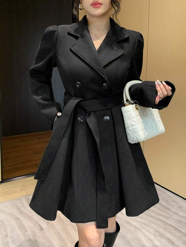 Women's Elegant Puff Sleeve Tie-Waist Overcoats, Autumn/Winter