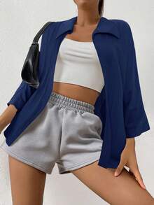 SHEIN EZwear Kemeja Lengan Kelelawar Putih Polos Musim Semi - Navy Blue - View 4