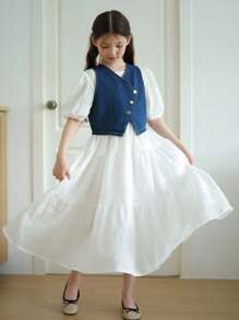 2 Pieces Set: Oversized Puff Sleeve Round Neck Dress & Denim Sleeveless Crop Top Vest For Tween Girl, Versatile School Style Outfit - White - View 3