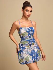 SHEIN Glamour Váy ngắn phong cách đồng quê Pháp dành cho nữ, hở lưng buộc dây, thêu kim sa trang trí hoa - Màu xanh lam - Xem 3
