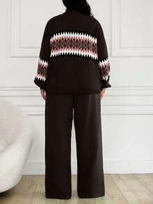 EURMUSE Women's Geometric Pattern High Neck Sweater 2pcs/Set - Brown - View 2