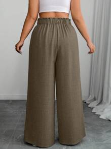 SHEIN PETITE 大码女式纯色荷叶边腰带休闲阔腿裤 - 咖啡棕 - 查看 2