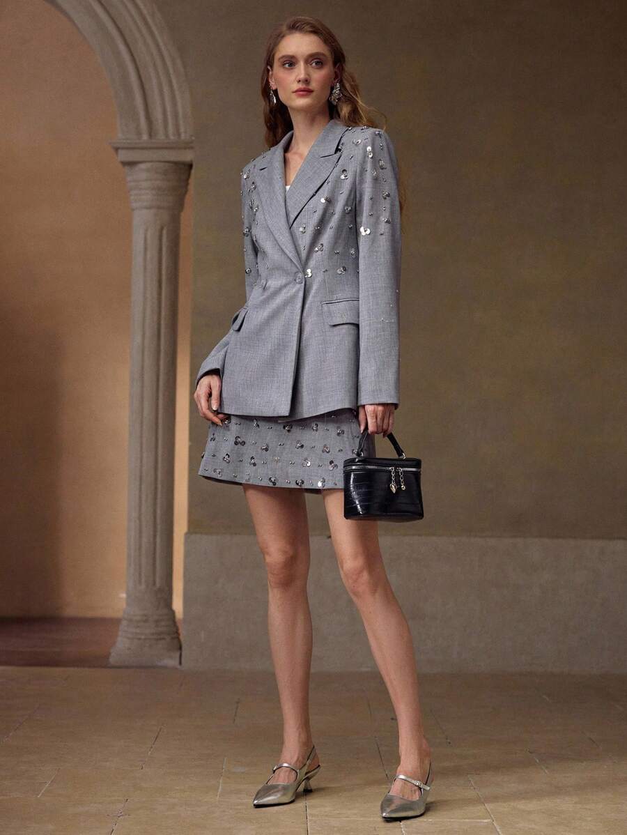 MOTF PREMIUM 撞色亮片双排扣上衣和裙子套装 - 灰色 - 查看 1