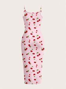 SHEIN EZwear 休闲简约樱桃图案全覆盖紧身吊带裙，适合夏季 - 彩色 - 查看 2