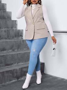 SHEIN PETITE CURVE Áo khoác blazer không tay họa tiết xương cá cỡ lớn cho nữ mùa thu - màu nâu - Xem 7
