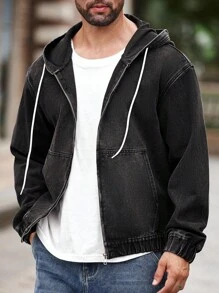 Manfinity Homme Men's Denim Hooded Black Jacket With Zipper, Fashionable For Summer - Black - View 3