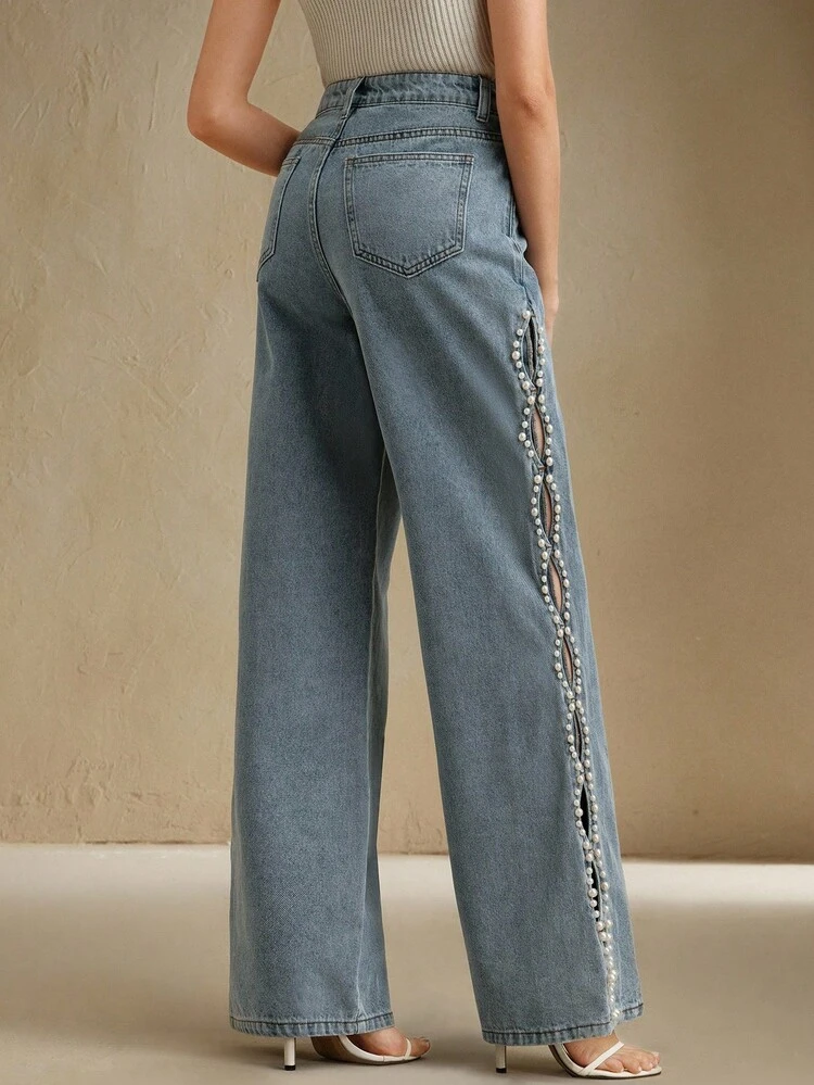 Vintage Style Beaded Women's Slim Fit Blue Denim