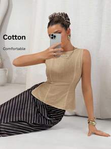 Lavishia Sleeveless Linen White Bamboo Knot Button Slim Fit Office Retro Shirt - Khaki - View 6