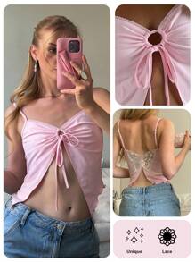 CovetEZ Women's Baby Pink Summer Elegant Y2k Night Out Butterfly Embroidery Backless Camisole Top,Ring Drawstring Asymmetrical Split Hem Perspective - Pink - View 1