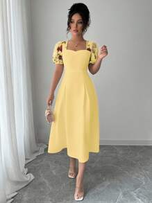 Elenzga Vestido plisado de mujer con cuello cuadrado, mangas abultadas y bordado en la cintura - Amarillo - Ver 4