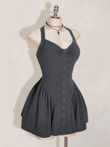 SHEIN ICON Plus Size Halter Cinched Waist A-Line Dress, Y2K, Back To School, Grey Dress - Grey - View 4
