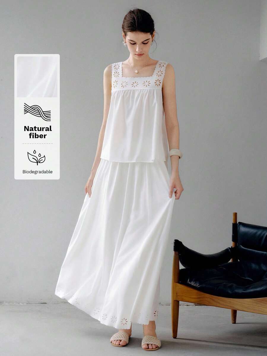 Chiquease Bộ đồ thường ngày cho nữ áo ba lỗ cổ bèo nhún thanh lịch và quần dài - trắng - Xem 1