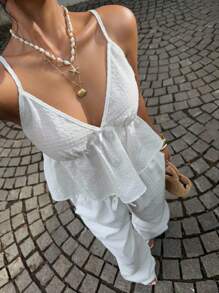 Sunnyshic 2 件套粉色和白色格子 V 领背心，带褶饰和高腰阔腿裤，可爱优雅的休闲假日/日常装扮，夏季