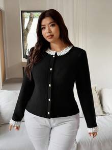 Vionelle 加大码女式法式针织开衫，珍珠蕾丝拼接，优雅时尚，通勤百搭，秋冬黑色开衫女式纽扣开衫彼得潘领开衫珍珠装饰开衫女式黑色开衫 - 黑色 - 查看 5