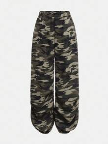 SHEIN Girlism 少女三件套秋冬/休闲街头/黑色纯色高低下摆连帽卫衣和迷彩印花裤和背心 - 灰色 - 查看 6