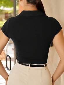 Andrea Bello Women's Summer Solid Color Tight-Fitting Turn-Down Collar Short Sleeve T-Shirt - Black - View 2