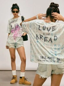 Easelle T-shirt casual da donna con stampa a caratteri, spalle scoperte e design elastico, per l'estate