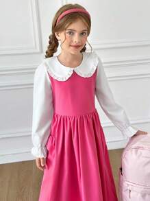 SHEIN Sparklyn Tween Girls Casual Lovely Peter Pan Collar Ruffle Sleeve 2-In-1 Cinched Waist Dress, Spring & Autumn Fall Winter - Pink - View 6