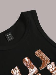 SHEIN EZwear Plus Size Women Sleeveless Casual Minimalist Western Boots Graphic Tight Fit Tank Top, Suitable For Summer - Black - View 4