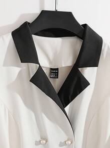 EMERY ROSE Elegant Two-Tone Pearl Button Short Sleeve Casual Dress For Commute - Apricot - View 4