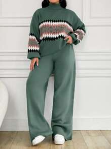 EURMUSE Women's Geometric Pattern High Neck Sweater 2pcs/Set - Mint Green - View 1