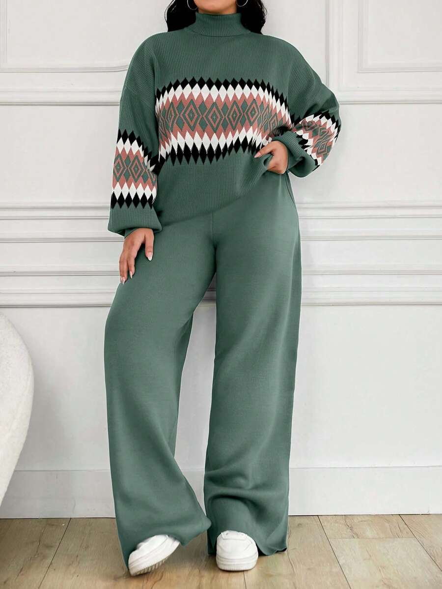 EURMUSE Women's Geometric Pattern High Neck Sweater 2pcs/Set - Mint Green - View 1