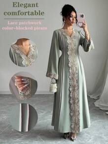 SHEIN PETITE رداء طويل نسائي بياقة على شكل حرف V ،أكمام طويلة متكشكشة ،ذو قصة فضفاضة ،صورة تركية لروب طويل ،عربي